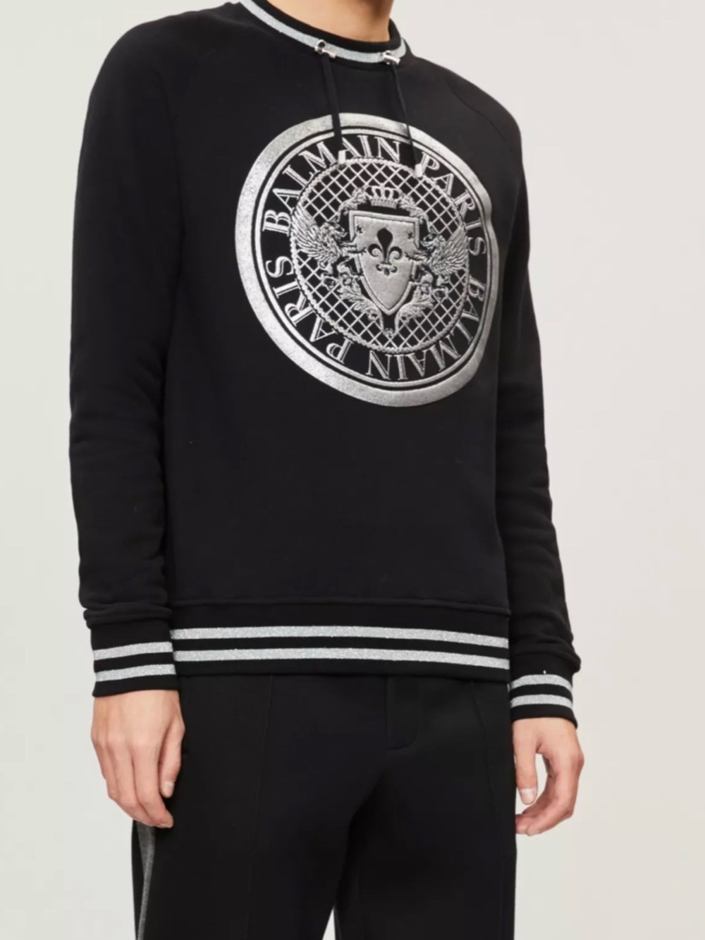 Balmain Black Crewneck Sweater with Silver Emblem